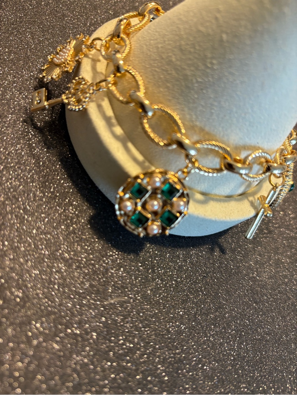Gold Charm Bracelet with Emerald Green Accents